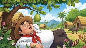 Juan Tamad lying under a guava tree waiting for a fruit to fall in his mouth, cartoon-style Filipino folk illustration, anekdota.