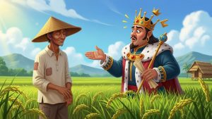 A Filipino farmer confidently answering questions of an arrogant king in his field, anekdota.