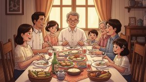 Filipino family using inherited silverware at a special family meal, anekdota.