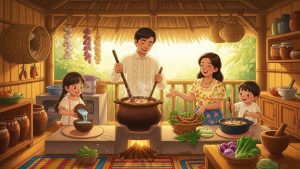 Filipino family cooking sinigang together, enjoying each other’s company in a traditional kitchen, anekdota.