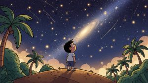 A Filipino child gazing at stars on a hilltop, learning the balance between dreams and reality, anekdota.
