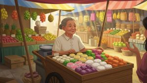 Elderly Filipino vendor selling traditional kakanin in a market, showing perseverance and dignity, anekdota.