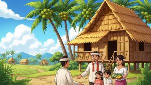 A Filipino family in front of a small bahay kubo welcoming a visitor, traditional rural setting, anekdota.