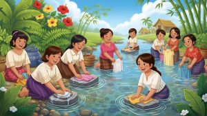 Filipino women washing clothes at a river while chatting and laughing, village scenery, anekdota.