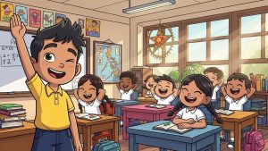 A Filipino schoolchild giving a clever answer in class while classmates laugh, classroom setting, anekdota.