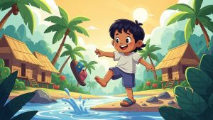 A Filipino child throwing a sandal into a river with hope, tropical village background, anekdota.