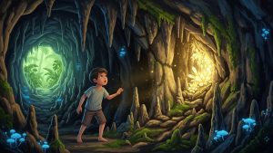 A Filipino child exploring a dark cave and finding glowing golden light inside, anekdota.