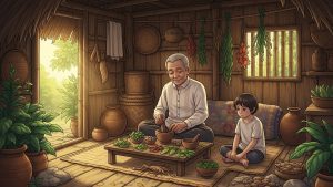 An elderly Filipino albularyo preparing herbal medicine for a sick child inside a traditional bamboo hut, anekdota.