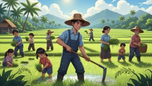 A young Filipino man using modern farming tools to help his family in a rural farm, anekdota.