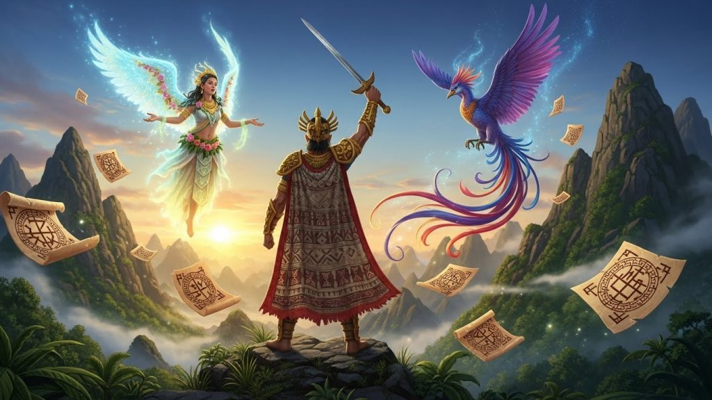 Ipinapakita kung ano ang epiko: isang mitikong mandirigmang Pilipino na nakatayo sa tuktok ng bundok, kalakip ang sinaunang manuskrito at mga espiritu ng katutubong alamat tulad ng diwata at sarimanok.