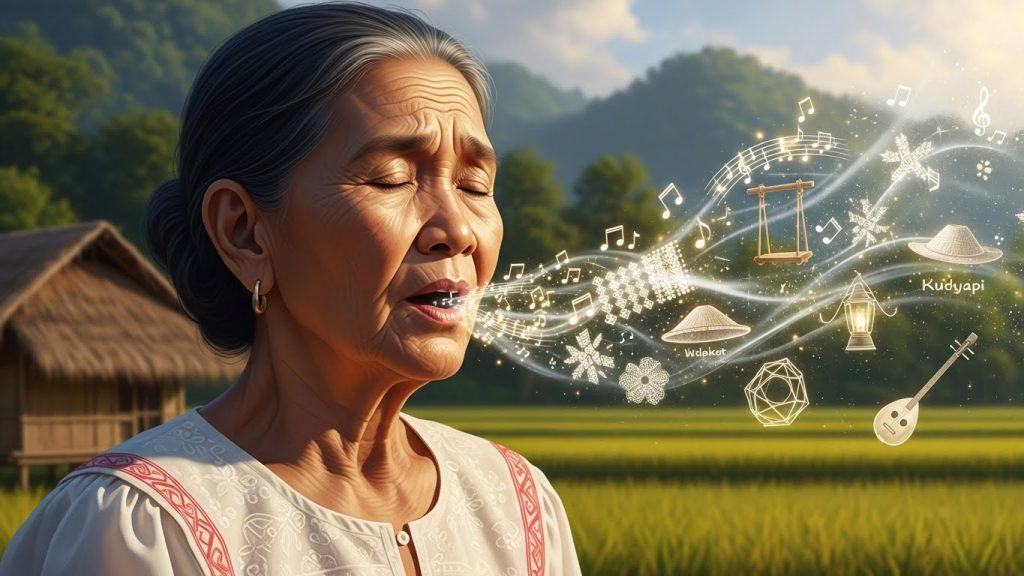 An elderly Filipina woman sings, with symbols of Filipino folk songs and culture—like musical notes, traditional weaves, a duyan, a salakot, and a kudyapi—flowing from her mouth into a rural landscape, visualizing the oral tradition of awiting bayan.