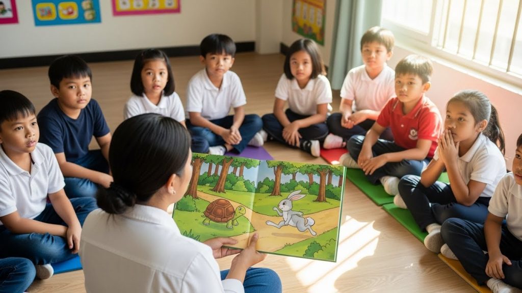 Teachers and students gathered around an open storybook showing a fable illustration of a turtle and a rabbit racing in a forest.